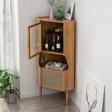 Nordic Natural Corner Cabinet 2-Door Bar Cabinet with Hutch & Shelf Rattan Woven
